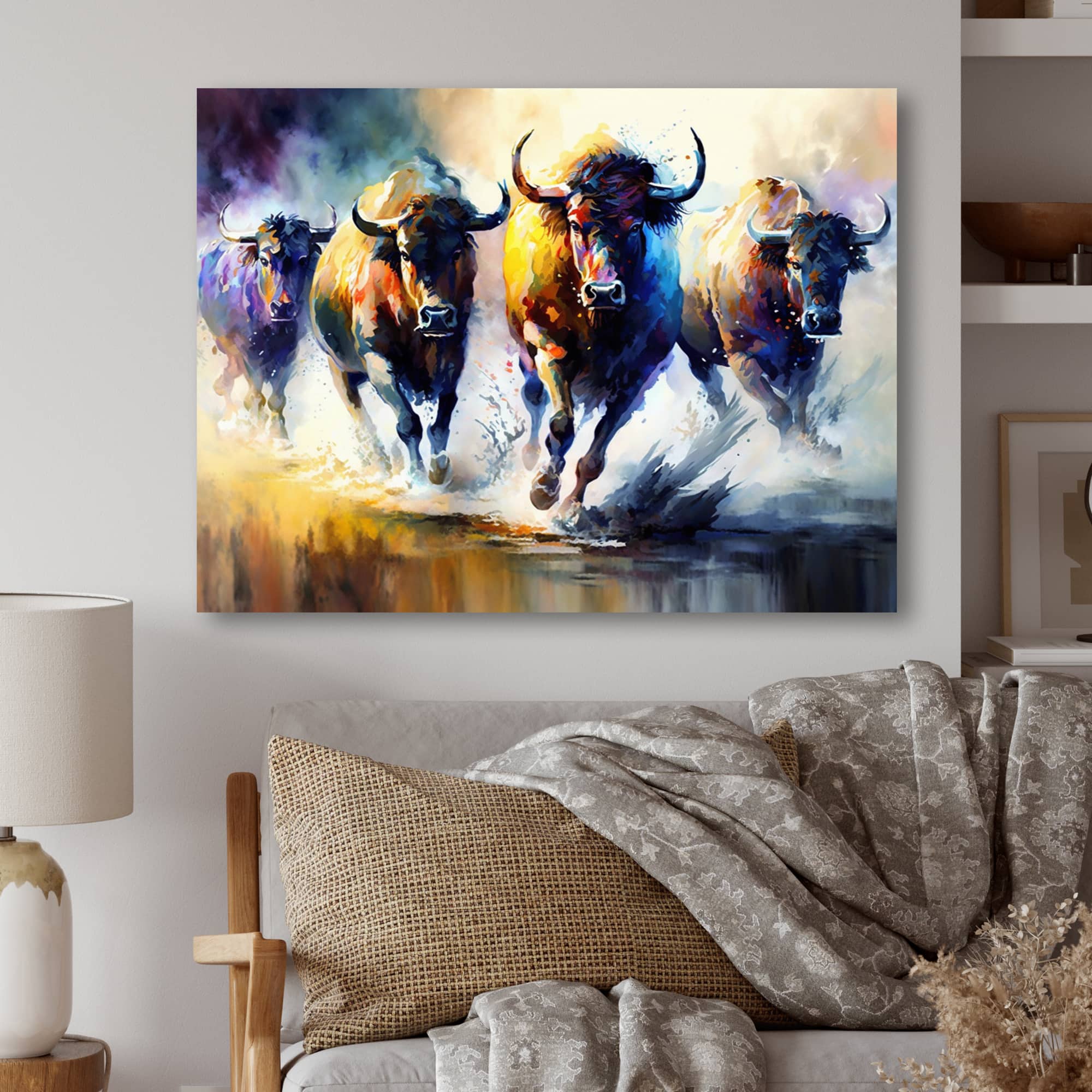 Designart 'Buffalo's Running' Animals Canvas Wall Art